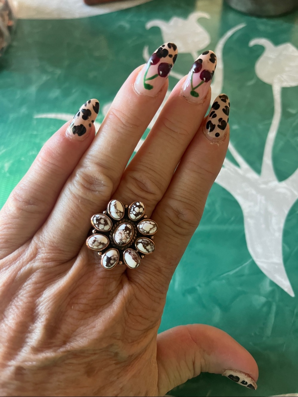Copper/Howlite Cluster Flower Ring in White Marble and Silver Tones